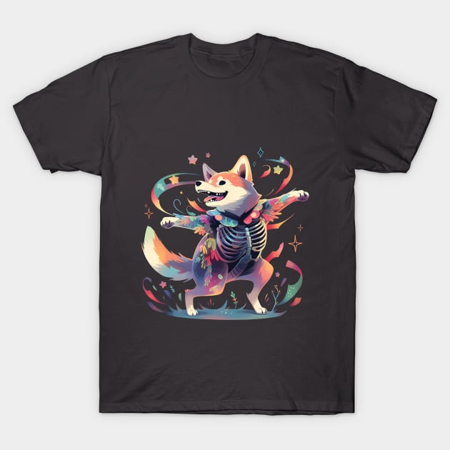 Dancing Skeleton Rainbow Shiba T-Shirt by Lunatic Bear